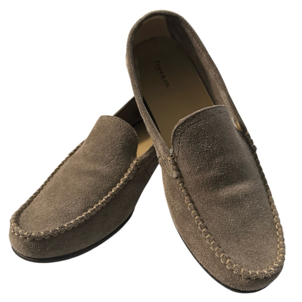 Frye & Co Taupe Gray Suede Loafers Contrast Stitch Barefoot Slip On Moccasins 11